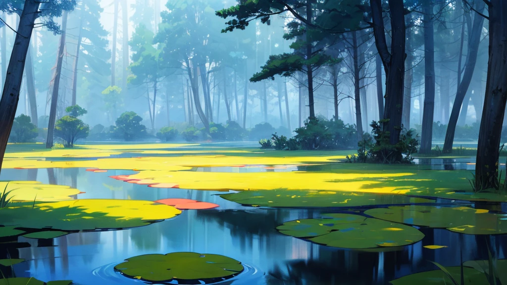 beautiful forest, make it flat, with a pond of water