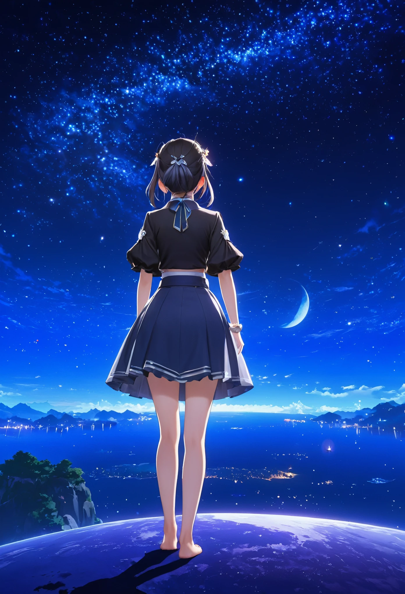 masterpiece, best quality, 1 Girl, Solitary, guizhong_Genshin Impact, default_skirt, From the back, Starry sky print, Sleeves that cover the wrists, barefoot