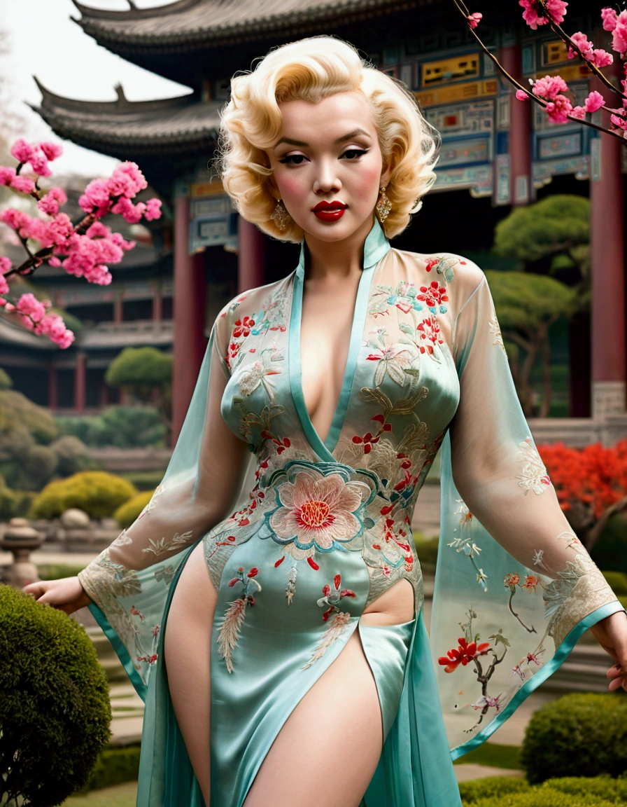 1 woman (Marilyn Monroe, age 25, intricate silk Chinese dress with lots of embroidery sheer with several large slits, no underwear, traditional hairstyle and Chinese makeup) wandering through a palace garden
