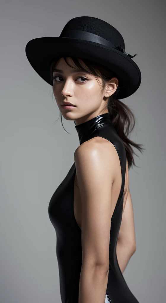 A close-up shot of a French celebrity's enigmatic face, set against a flat, inky black background. The subject's upper body is partially visible, clad in a sleek leotard that accentuates their toned physique. A French-inspired hat adds an air of sophistication, while the mysterious aura surrounding them hints at secrets hidden beneath their stoic expression.