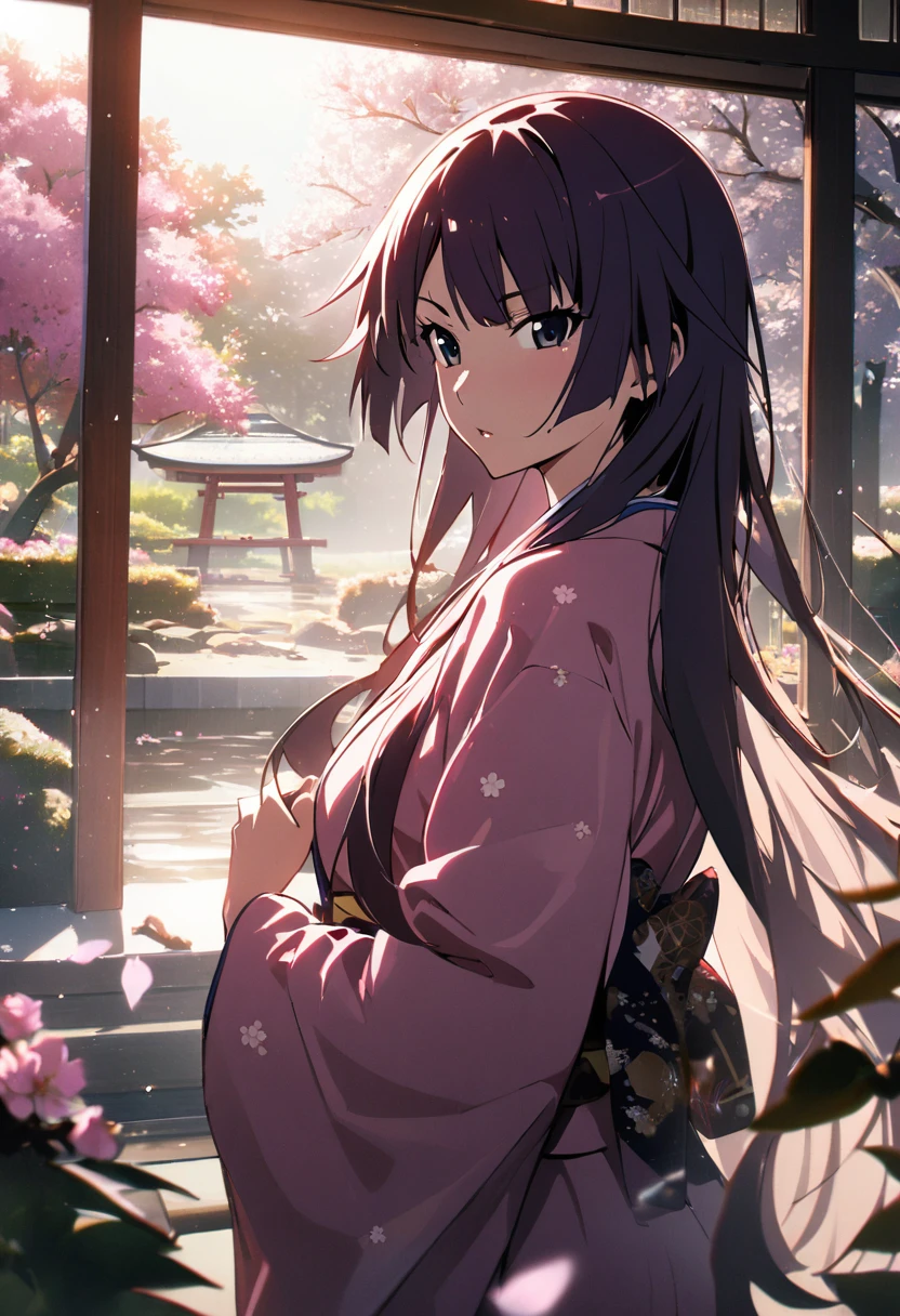 "1girl, senjougahara hitagi, monogatari (series), backlight, long hair flowing, morning mist, masterpiece, best quality, absurdres, cherry blossom petals, soft sunlight through trees, traditional Japanese garden, kimono, elegant pose"