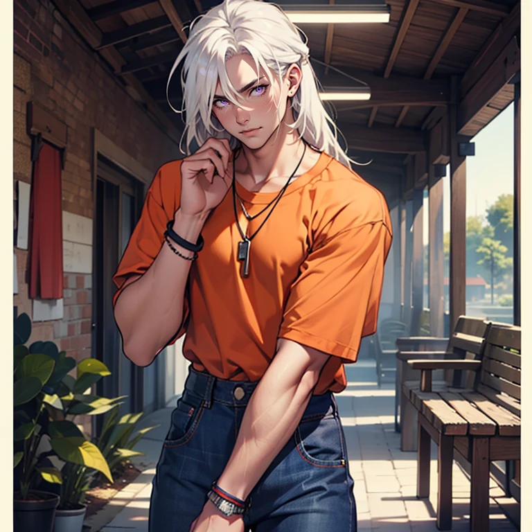 ((masterpiece)), (((best quality))), solo, 1 male, pale white skin, white hair, long hair, straight hair, handsome young man, detailed background of a summer camp, purple eyes, tall, tight jeans, plain orange t-shirt, bracelet, necklace, highest quality, highly detailed, original, high resolution CG Unit 8k wallpaper, (best quality, artwork, masterpiece, 4k)