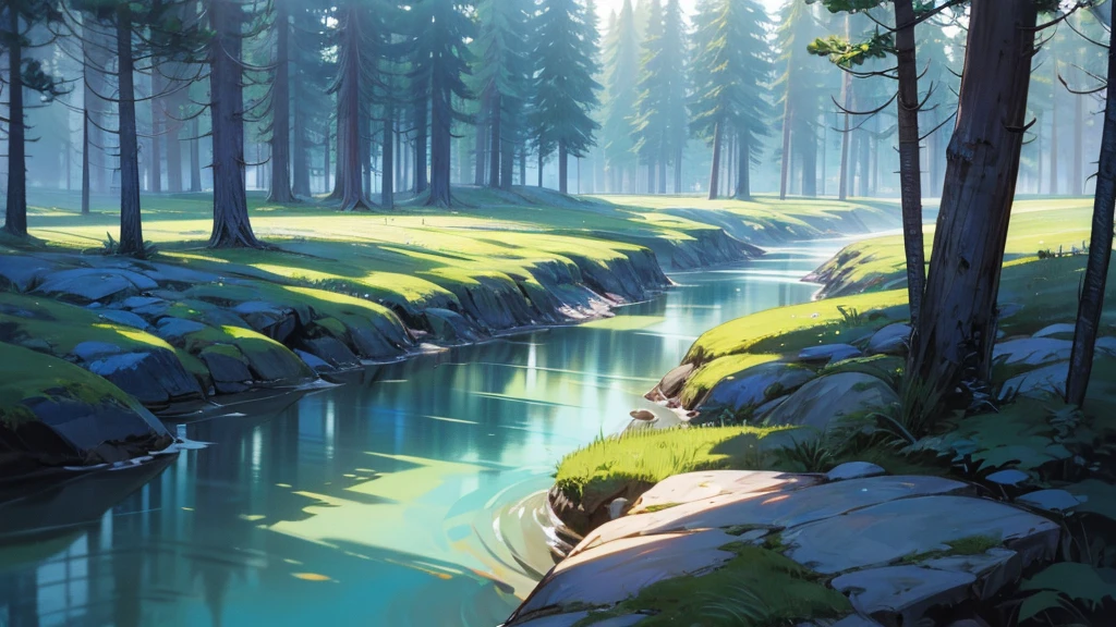 a beautiful forest, flat landscape, river, rocks