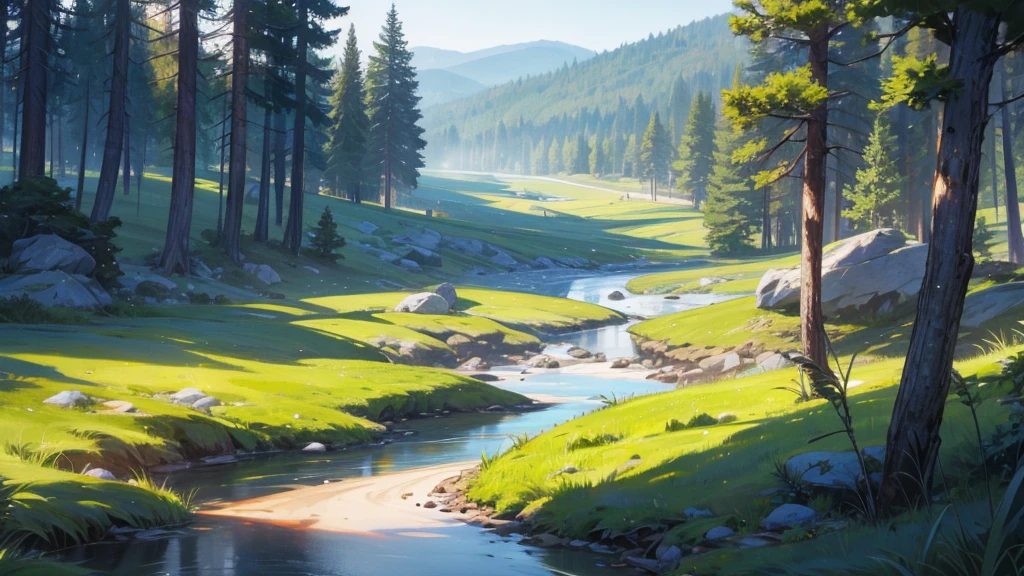a beautiful forest, flat landscape, river, rocks