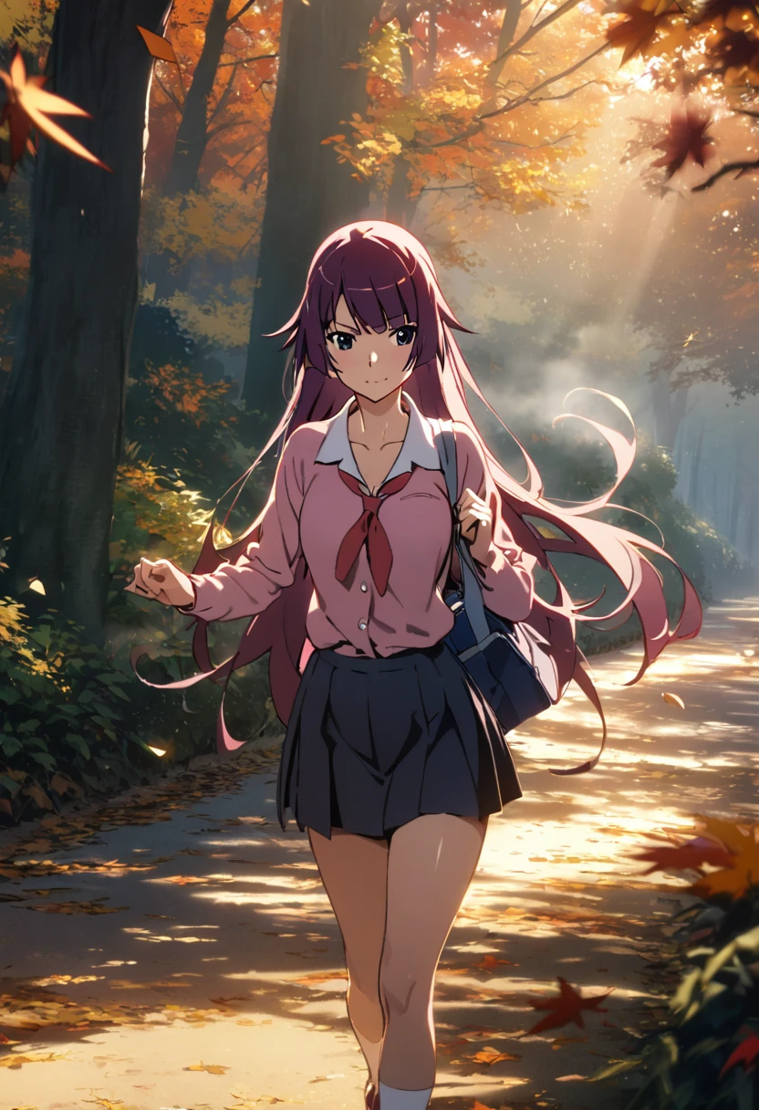 "1girl, senjougahara hitagi, monogatari (series), backlight, long hair flowing, morning mist, masterpiece, best quality, absurdres, autumn colors, forest path, golden hour, school bag, walking pose, leaves falling"