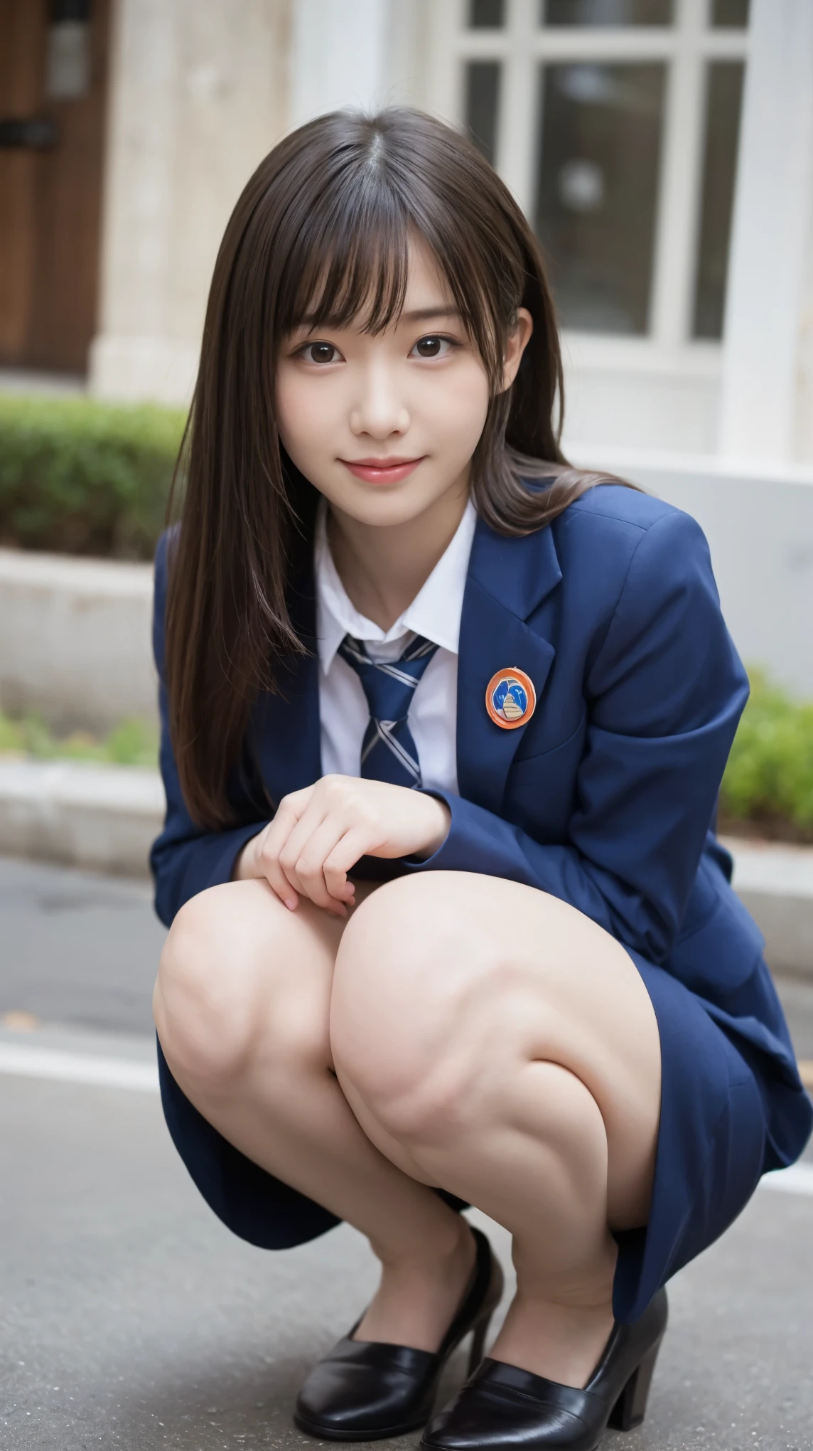 歩道でsquatかわいい18歳の女の子,Red Tie Uniform,Dark Blue Blazer,Blue checked mini skirt,bangs,A small smile,Thighs,knees,Random Pause，pretty girl，Slender girl，squat，