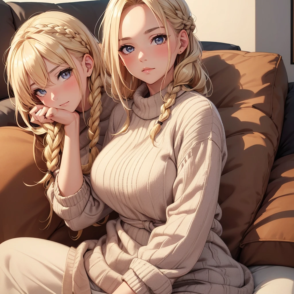 (8K, Best Quality, Masterpiece, Ultra High Resolution) Woman, Cute Eyes, Face Details, Sunkissed Skin, Curvy, Blushing, Blonde Hair, Long Braid, Brown Eyes, Casual Clothing, Sitting on Sofa, Apartment, Best Quality, Upper Body, Looking at the Viewer, Facing Viewer, Close Up