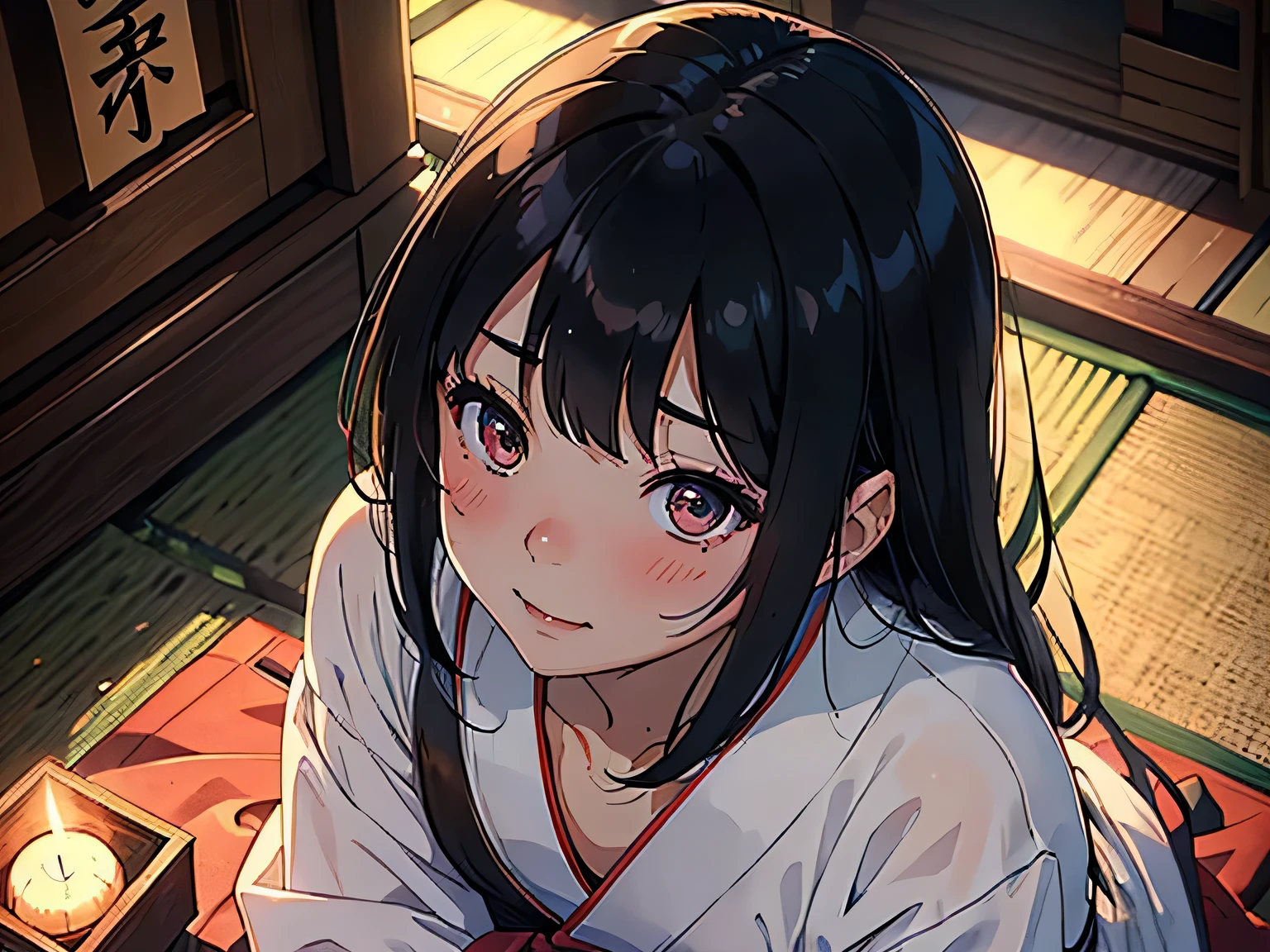 One beautiful girl、Perfect Face、Beautiful Eyes、Japanese、Black Hair、Shrine maiden、Shrine maiden's clothes worn loosely、Shot from above、head shot、slouch、Down blouse、clavicle、valley、bukkake、blush、smile、Sweat、Heavy breathing、Fog around the mouth、Shrine at dusk