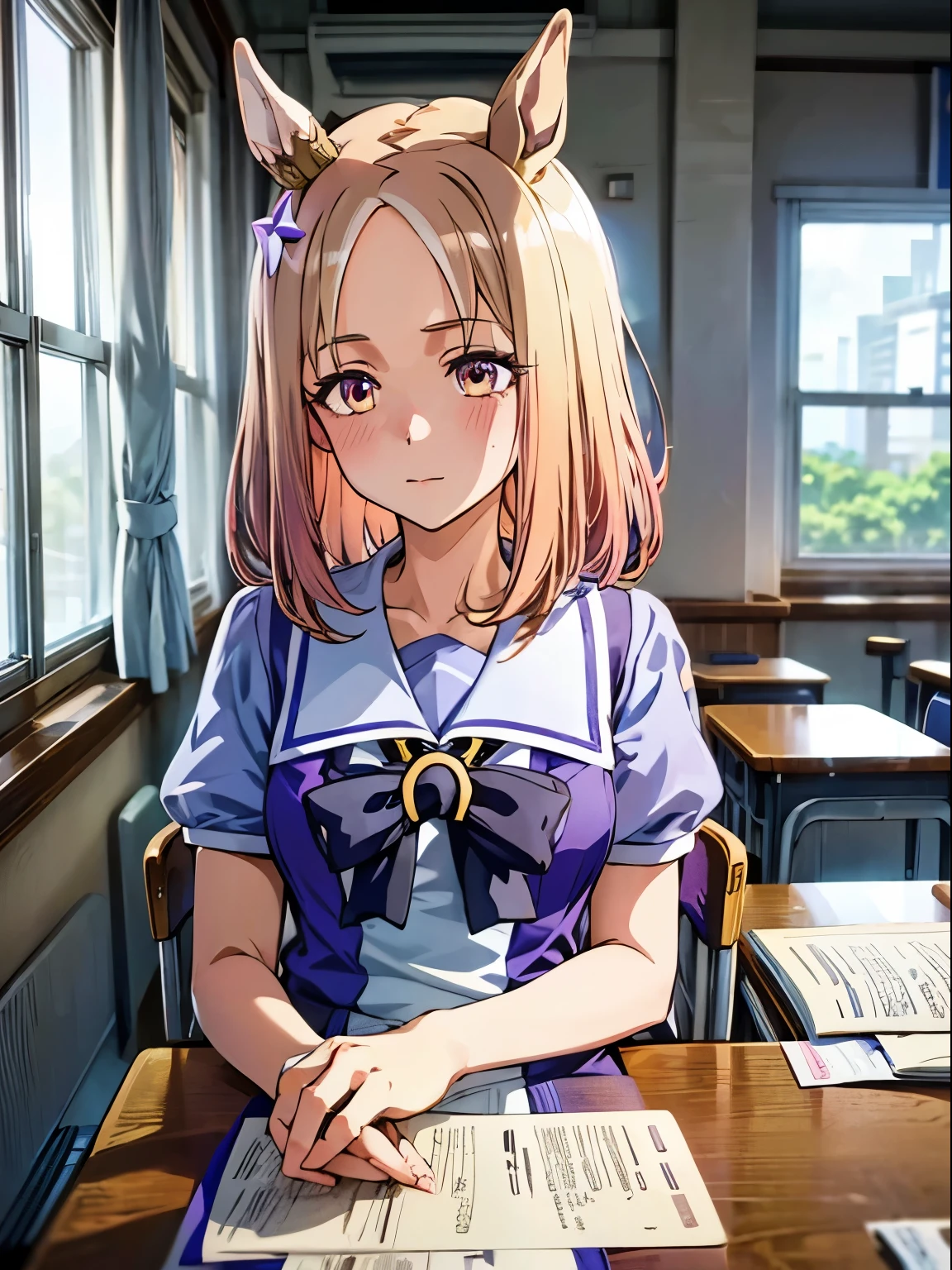 narita top road \(umamusume\), 1 girl, Solo, Cute Girl,Best Quality, Ultra-detailed, 8K, High resolution, detailed face, madeon, sitting, in the classroom, studying, desk near the window, looking out of the window, summer uniform,