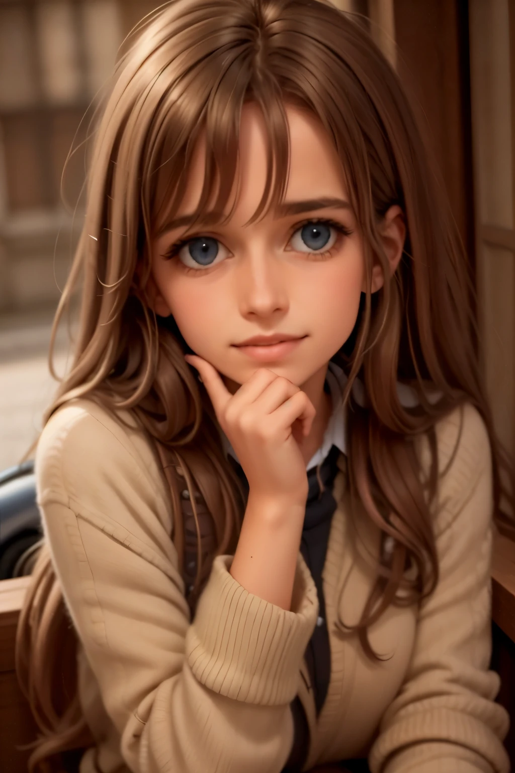 ultra detailed, sharp focus, best quality, masterpiece, colorful, 1girl, ChloeMelton, Young woman, beautiful face, school outfit, light make-up, shy smile, parted lips, long brown hair, jewelry, full body shot, park background, romantic date, sunny day, sitting on a bench, blush, shy pose, best quality, masterpiece, intricate details <lora:ChloeMelton:1> ChloeMelton