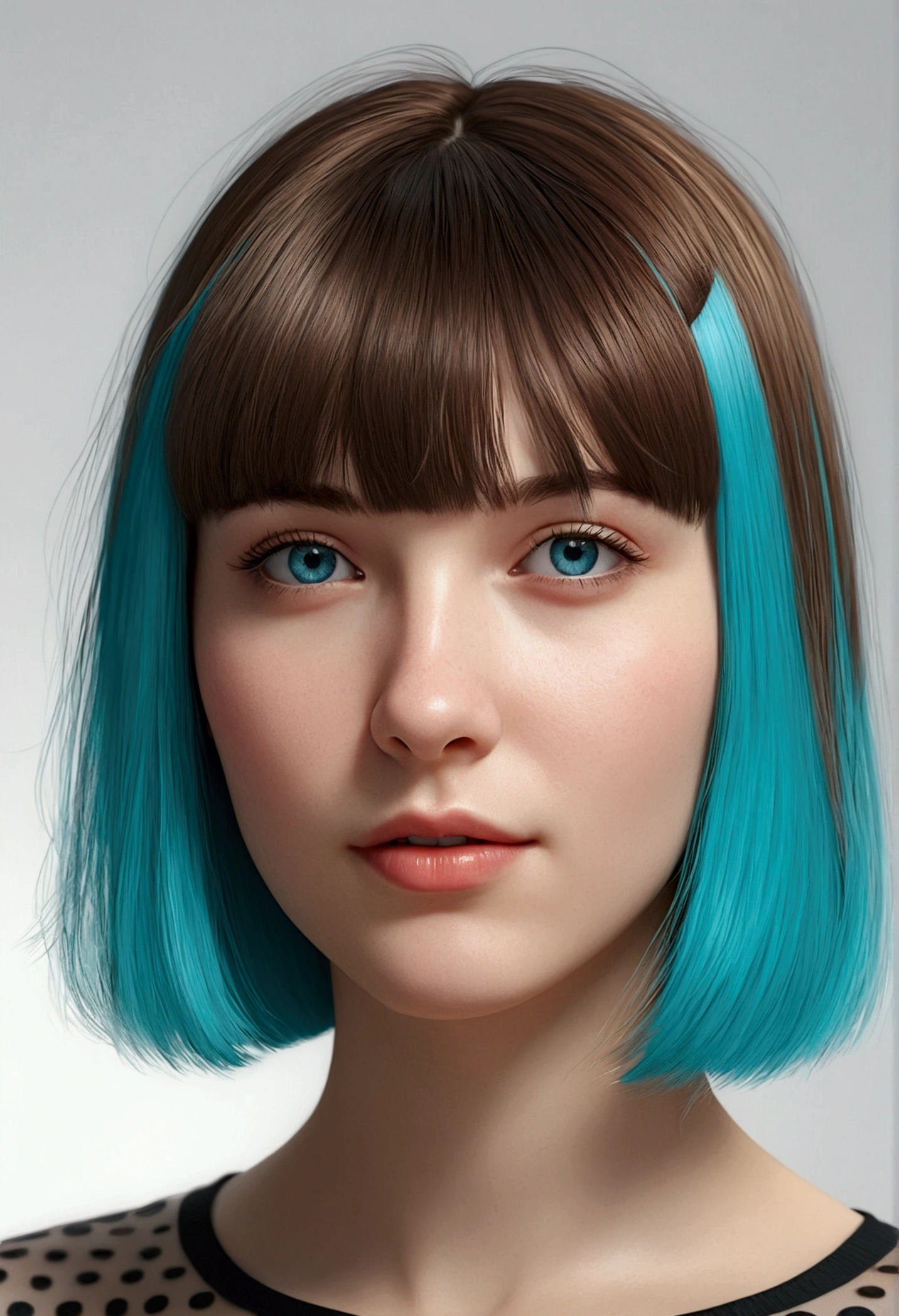  frutgier aero, girl ,bobcut bangs cyan,white , lighter background, realistic, good render,portrait