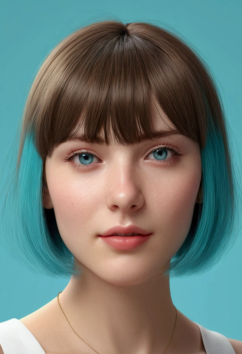 frutgier aero, girl ,bobcut bangs cyan,white , lighter background, realistic, good render,portrait