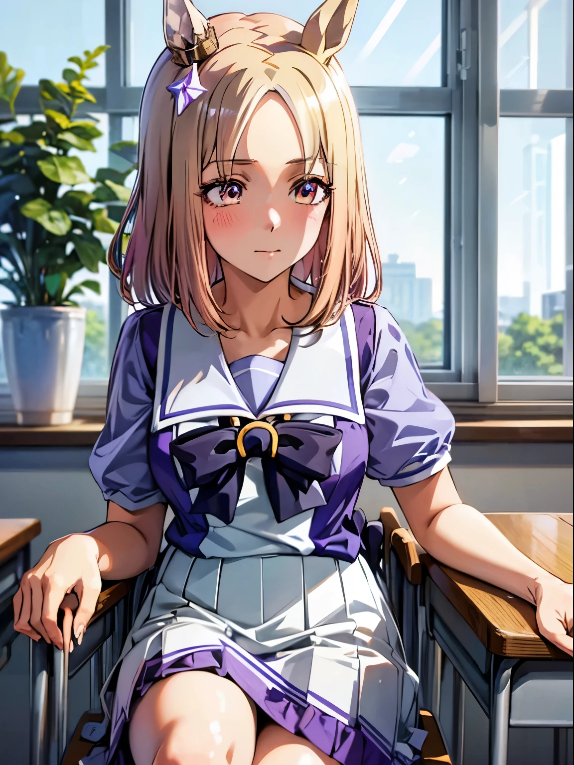 narita top road \(umamusume\), 1 girl, Solo, Cute Girl,Best Quality, Ultra-detailed, 8K, High resolution, detailed face, madeon, sitting, in the classroom, studying, desk near the window, looking out of the window, summer uniform,