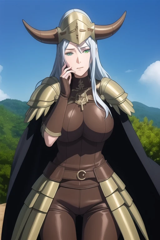 (high quality:1.2), intricate detailed, colorful,
VanessaCromwell, 1girl, mature female, solo, (hand on own cheek:1.2), cowboy shot,
looking at viewer, determined,
white hair, long hair, green eyes,
armor, breastplate, shoulder armor, bodysuit, horned helmet, gloves, cape, cloak, 
large breasts, 
outdoors, sky, cliff, 
 