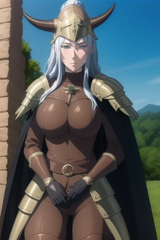 (high quality:1.2), intricate detailed, colorful,
VanessaCromwell, 1girl, mature female, solo, (hand on own cheek:1.2), cowboy shot,
looking at viewer, determined,
white hair, long hair, green eyes,
armor, breastplate, shoulder armor, bodysuit, horned helmet, gloves, cape, cloak,
large breasts,
outdoors, sky, cliff,