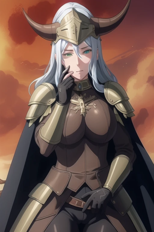(high quality:1.2), intricate detailed, colorful,
VanessaCromwell, 1girl, mature female, solo, (hand on own cheek:1.2), cowboy shot,
looking at viewer, determined,
white hair, long hair, green eyes,
armor, breastplate, shoulder armor, bodysuit, horned helmet, gloves, cape, cloak,
large breasts,
outdoors, sky, cliff,