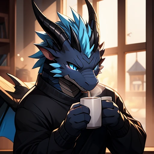 a furry den dragon with black scales and blue-tipped horns, blue colored eyes, wearing a black sweater while drinking coffee (arte anime)