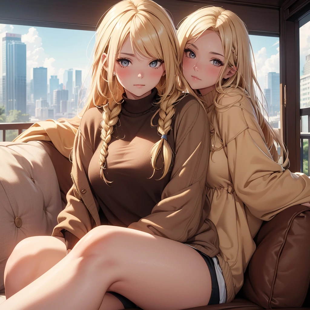 (8K, Best Quality, Masterpiece, Ultra High Resolution) 1 Woman, Cute Eyes, Face Details, Sunkissed Skin, Curvy, Blushing, Blonde Hair, Long Braid, Brown Eyes, Casual Clothing, Sitting on Sofa, Apartment, Best Quality, Upper Body, Looking at the Viewer, Facing Viewer, Close Up