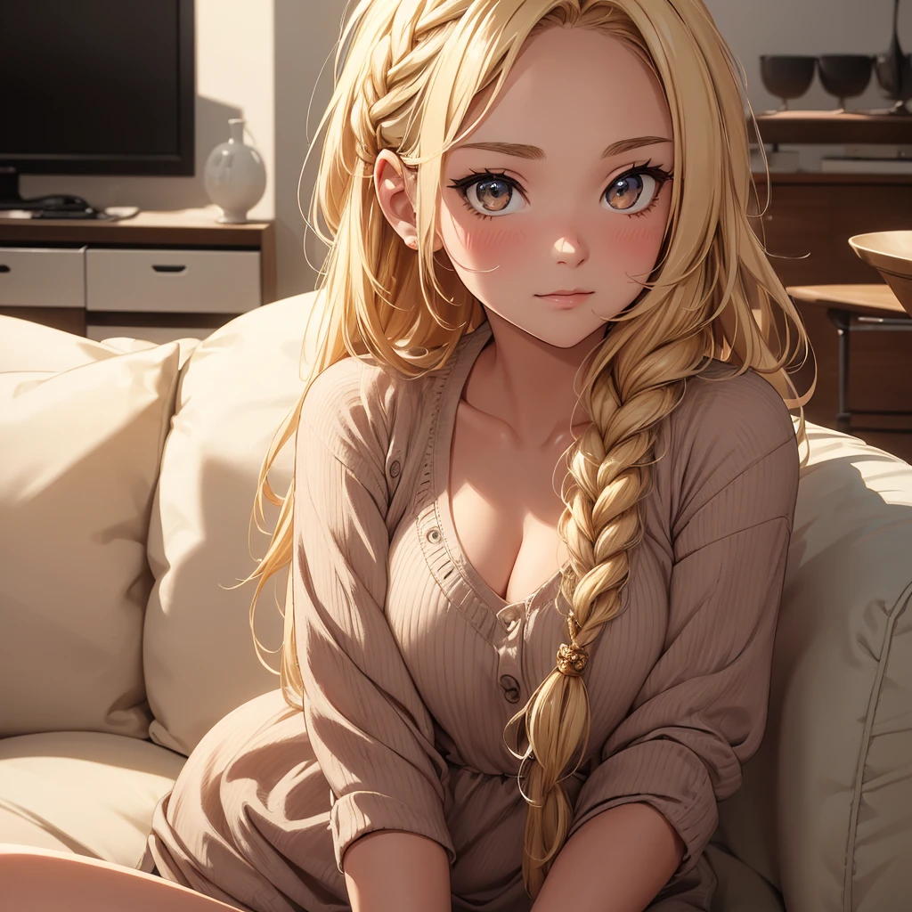 (8K, Best Quality, Masterpiece, Ultra High Resolution) 1 Woman, Cute Eyes, Face Details, Sunkissed Skin, Curvy, Blushing, Blonde Hair, Long Braid, Brown Eyes, Casual Clothing, Sitting on Sofa, Apartment, Best Quality, Upper Body, Looking at the Viewer, Facing Viewer, Close Up