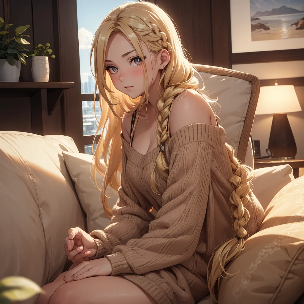 (8K, Best Quality, Masterpiece, Ultra High Resolution) 1 Woman, Cute Eyes, Face Details, Sunkissed Skin, Curvy, Blushing, Blonde Hair, Long Braid, Brown Eyes, Casual Clothing, Sitting on Sofa, Apartment, Best Quality, Upper Body, Looking at the Viewer, Facing Viewer, Close Up
