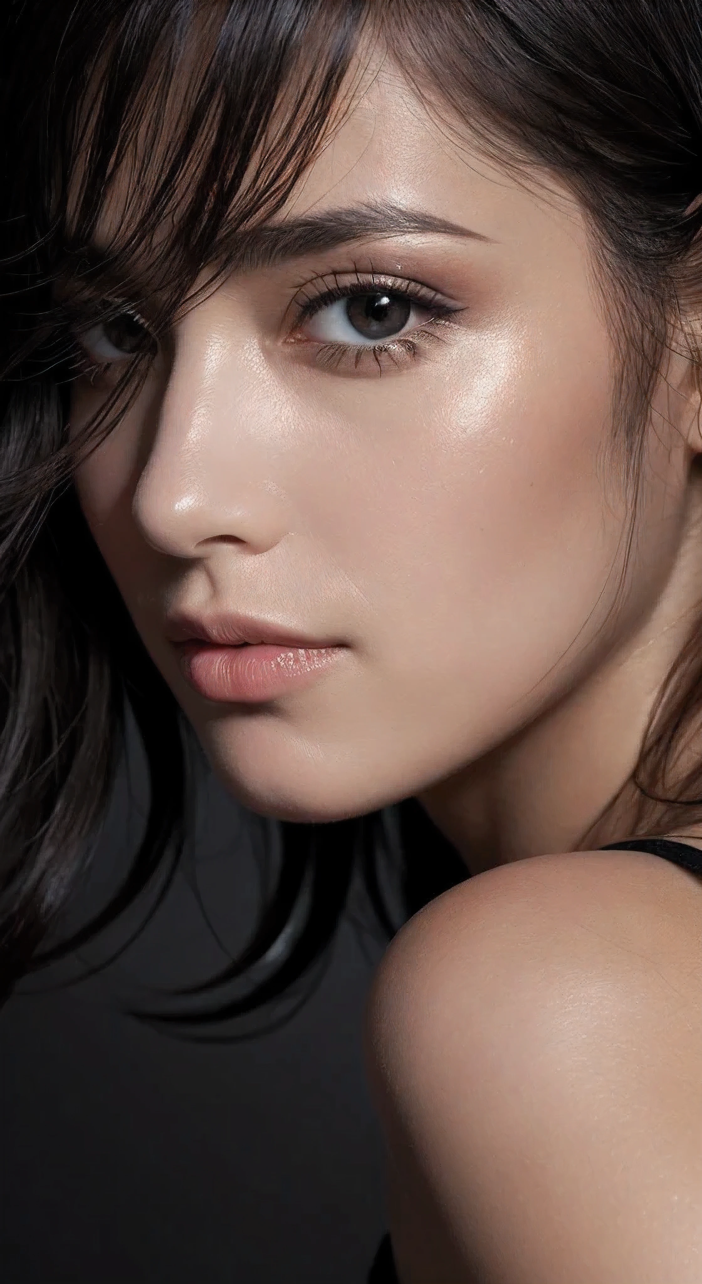 A close-up shot of French celebrity's enigmatic face, set against a flat inky black background (#000000). The subject's upper body is partially visible, clad in a sleek leotard (#333333) that accentuates their toned physique. A French-inspired hat (#FFC080) adds an air of sophistication, while the mysterious aura surrounding them hints at secrets hidden beneath their stoic expression (eyebrows slightly raised, lips pressed).