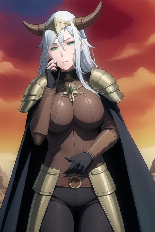(high quality:1.2), intricate detailed, colorful,
VanessaCromwell, 1girl, mature female, solo, (hand on own cheek:1.2), cowboy shot,
looking at viewer, determined,
white hair, long hair, green eyes,
armor, breastplate, shoulder armor, bodysuit, horned helmet, gloves, cape, cloak, 
large breasts, 
outdoors, sky, cliff, 
 