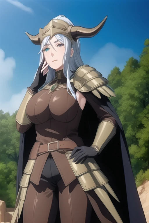 (high quality:1.2), intricate detailed, colorful,
VanessaCromwell, 1girl, mature female, solo, (hand on own cheek:1.2), cowboy shot,
looking at viewer, determined,
white hair, long hair, green eyes,
armor, breastplate, shoulder armor, bodysuit, horned helmet, gloves, cape, cloak,
large breasts,
outdoors, sky, cliff,