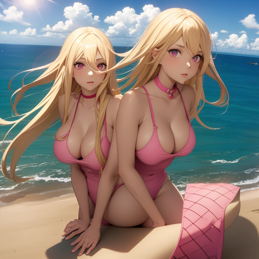 Long blonde haired blonde girl with l pink tips long hair pink eyes wearing swimsuit while standing on the beach, big breasted girl