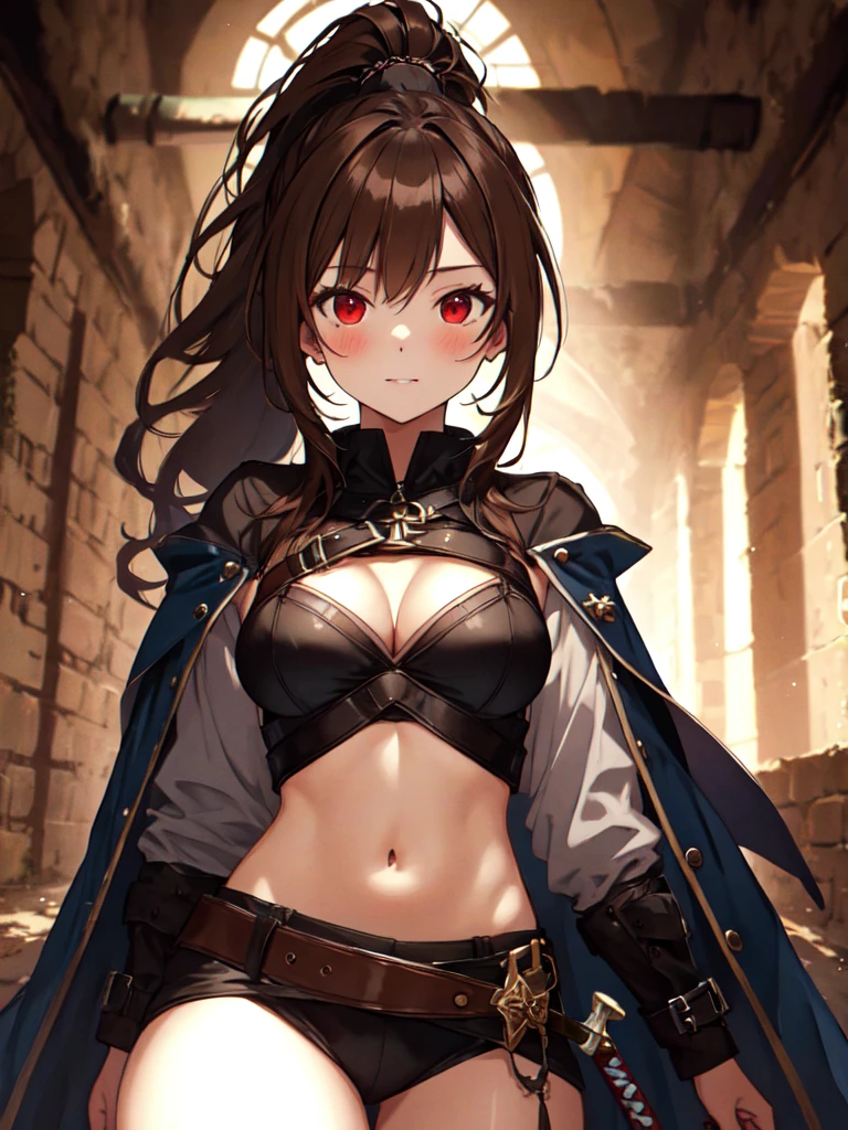 The background is a dungeon, Brave, Large sword, Cute face:1.5, Petite:1.5, , Long Hair:1.5, ponytail, Brown Hair, Small breasts, uhd, retina, masterpiece, ccurate, anatomically correct, textured skin, super detail, high details, high quality, best quality, highres, 4K