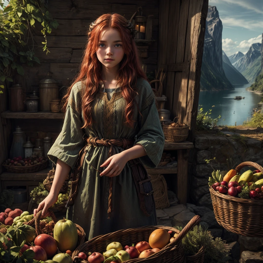 A beautiful very young sweet viking girl with long red hair, with green eyes, wearing a viking tunic standing in a viking farm and a fjord close by, holding a basket of food