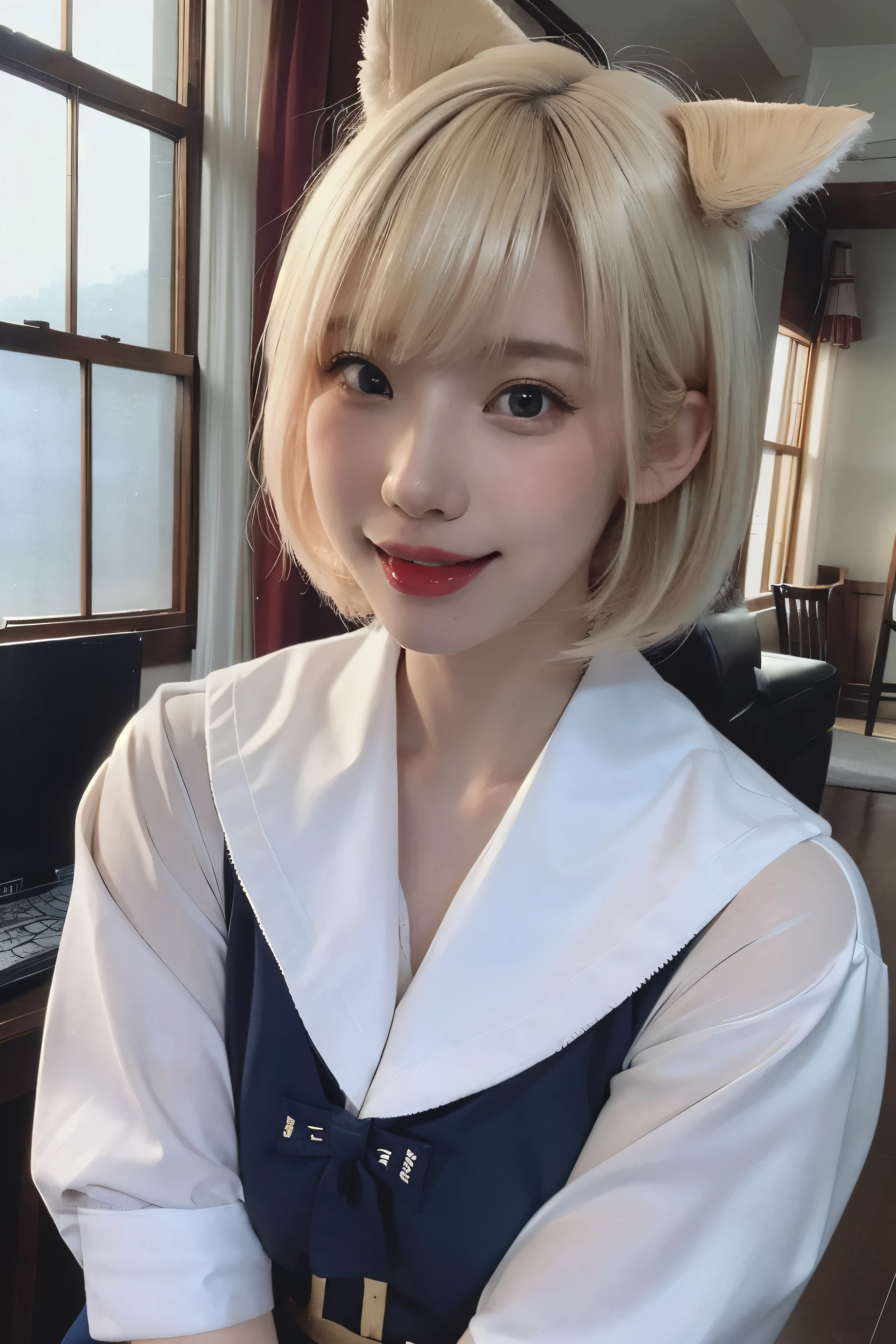 (Highest Quality, 8K, 32K, Masterpiece: 1.2), (High Resolution), (8K), (High Resolution), Young woman, white blonde bob hair, sailor uniform, blue ribbon, cat ear hair accessory, cute expression, pink blush, brown eyes, white skin, bright lighting, shot indoors, blurred background, realistic depiction, detailed background, natural pose, well-balanced depiction of light and shadow. Selfie angle, half Korean and half Japanese, 60% Korean, 18 years old, cute, smiling, mouth closed, thick lips, red lips, freckled face, aquiline nose,