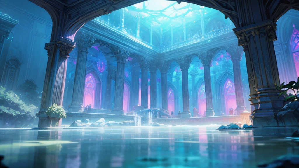 stunning detailed fantasy water temple, ornate architectural design, intricate patterns and textures, ethereal lighting, glowing crystal structures, reflected pools, lush underwater vegetation, serene atmosphere, photorealistic, cinematic composition, dramatic lighting, vibrant colors, masterpiece
