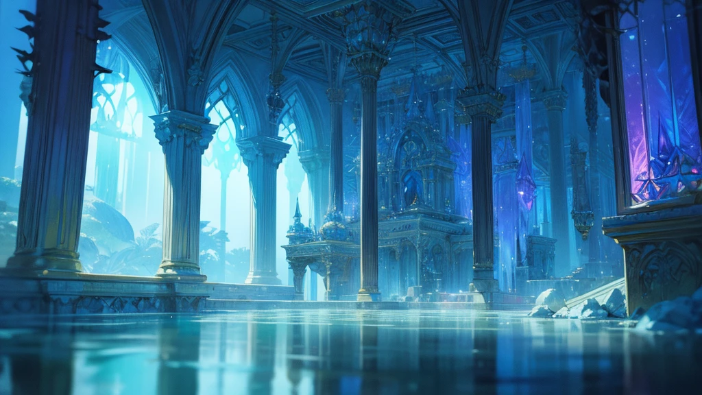 stunning detailed fantasy water temple, ornate architectural design, intricate patterns and textures, ethereal lighting, glowing crystal structures, reflected pools, lush underwater vegetation, serene atmosphere, photorealistic, cinematic composition, dramatic lighting, vibrant colors, masterpiece