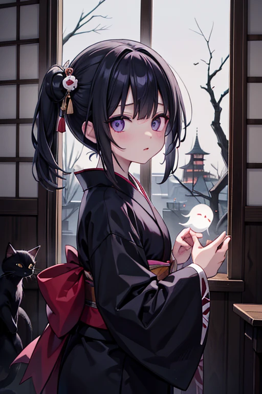 horror anime style, super fine illustration, masterpiece,best quality,highly detailed, dynamic angle, beautiful detailed, 8k, On a summer night, in Japanese-style room,scary ghost is having a feast. BREAK she talk about ghost stories around candles, having a horror time.Break kimono,score up_9,break psychic,trauma,scary ghost face,Break black cat,Broken Window,Break A ghost is standing behind her, staring at her.