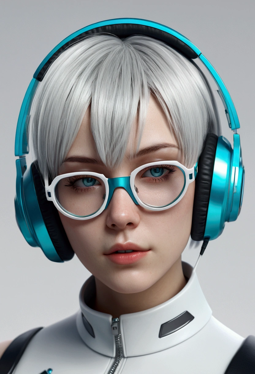 frutgier aero, girl ,bobcut bangs, cyan,white , realistic, good render,portrait,cyborg,headphones,white hair,futuristic glasses,white lipstick,closed eyes