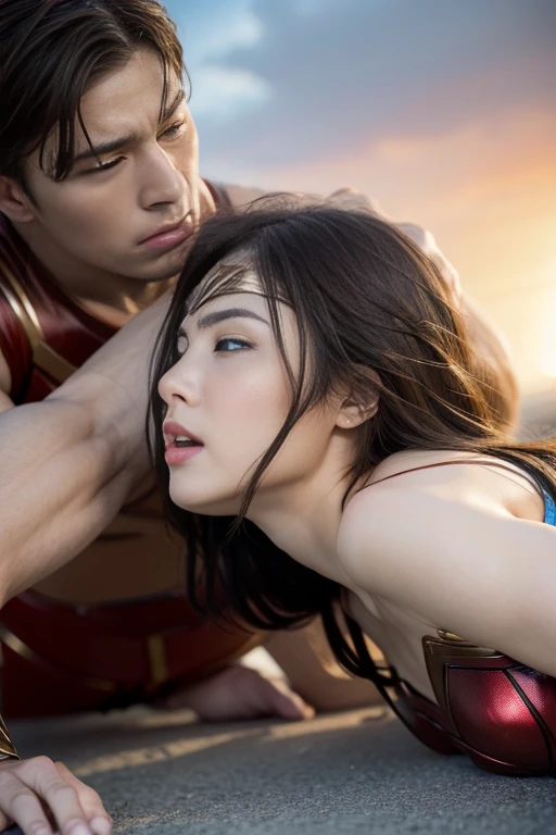from the side,perfect wonder woman costume,crawl on all fours,It will be filled in the hole,sleeping face,Close ~ eyes,open your mouth,tired face,face of suffering,sky face,sleeping face,fight the men,surrounded by men,,caught between men,being tackled by men,Intertwining with men, Attacked by men,assaulted by men,Being bullied by guys,being sexually abused by a man,Captured by a man,Being detained by a man、touch your face,、Hair is pulled hard,My head is grabbed,licked my hair,lick my face,brown hair,  masterpiece、beautiful girl、fine 目、puffy eyes、highest quality, 超High resolution, (reality: 1.4), movie lighting,super beautiful、beautiful skin、(超reality的な)、(High resolution)、(8K)、(very detailed)、(beautiful and fine 目)、(Super detailed)、 detailed face、slanted bangeshi hair、brown hair、20-year-old、Wonder Woman Cosplay，wonder woman tiara