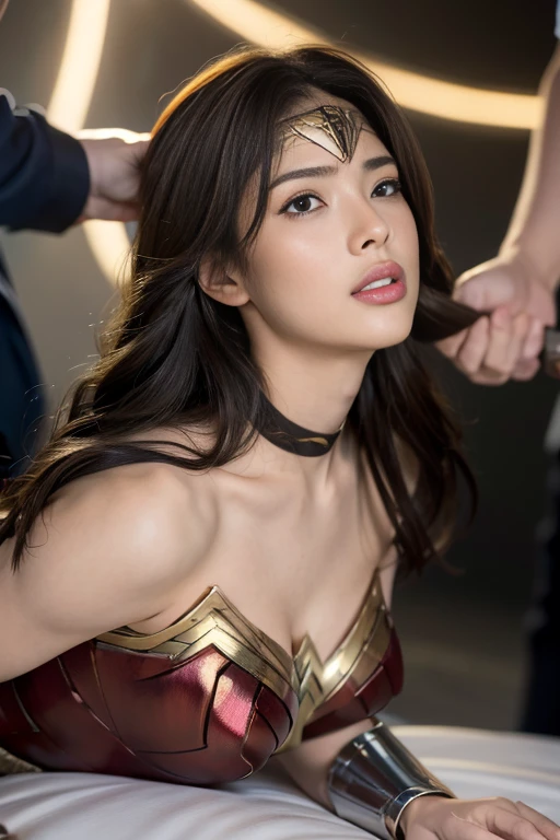 from the side,perfect wonder woman costume,crawl on all fours,It will be filled in the hole,sleeping face,Close ~ eyes,open your mouth,tired face,face of suffering,sky face,sleeping face,fight the men,surrounded by men,,caught between men,being tackled by men,Intertwining with men, Attacked by men,aulted by men,Being bullied by guys,being sexused by a man,Captured by a man,Being detained by a man、touch your face,、Hair is pulled hard,My head is grabbed,licked my hair,lick my face,brown hair, masterpiece、beautiful girl、fine 目、puffy eyes、est quality, 超High resolution, (reality: 1.4), movie lighting,super beautiful、beautiful skin、(超reality的な)、(High resolution)、(8K)、(very detailed)、(beautiful and fine 目)、(Super detailed)、 detailed face、slanted bangeshi hair、brown hair、20-year-old、Wonder Woman Cosplay,wonder woman tiara