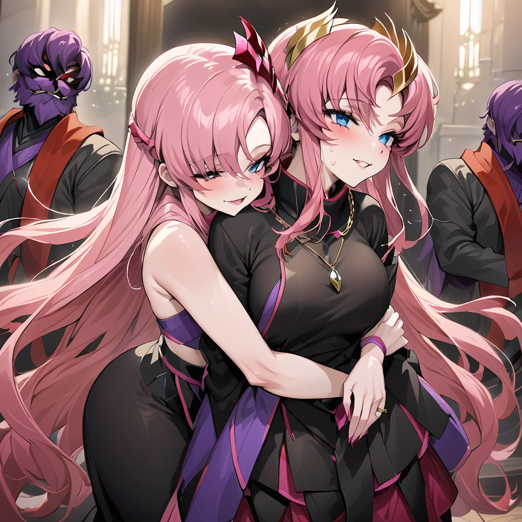 ((Highest quality)), ((masterpiece)), (detailed), (Perfect Face)、The beautiful and seductive woman is Lacus Clyne, the wife of the leader of the evil god cult, the saint of darkness, and has blue eyes, pink hair, medium-long hair, and a gorgeous and delicately detailed masochism.々An evil shrine maiden wearing a beautiful black evil shrine maiden outfit, an evil shrine maiden necklace, evil accessories, a gorgeous evil shrine maiden head chain tiara, and an engagement ring.、The woman is the wife of a middle-aged, bearded cult leader who is revered by a mysterious cult of evil gods.、A mysterious cult leader dressed in the luxurious clothing of a cult leader of an evil god is worshipped by the cult leader at the altar of the cult, caressing her all over and embracing her.