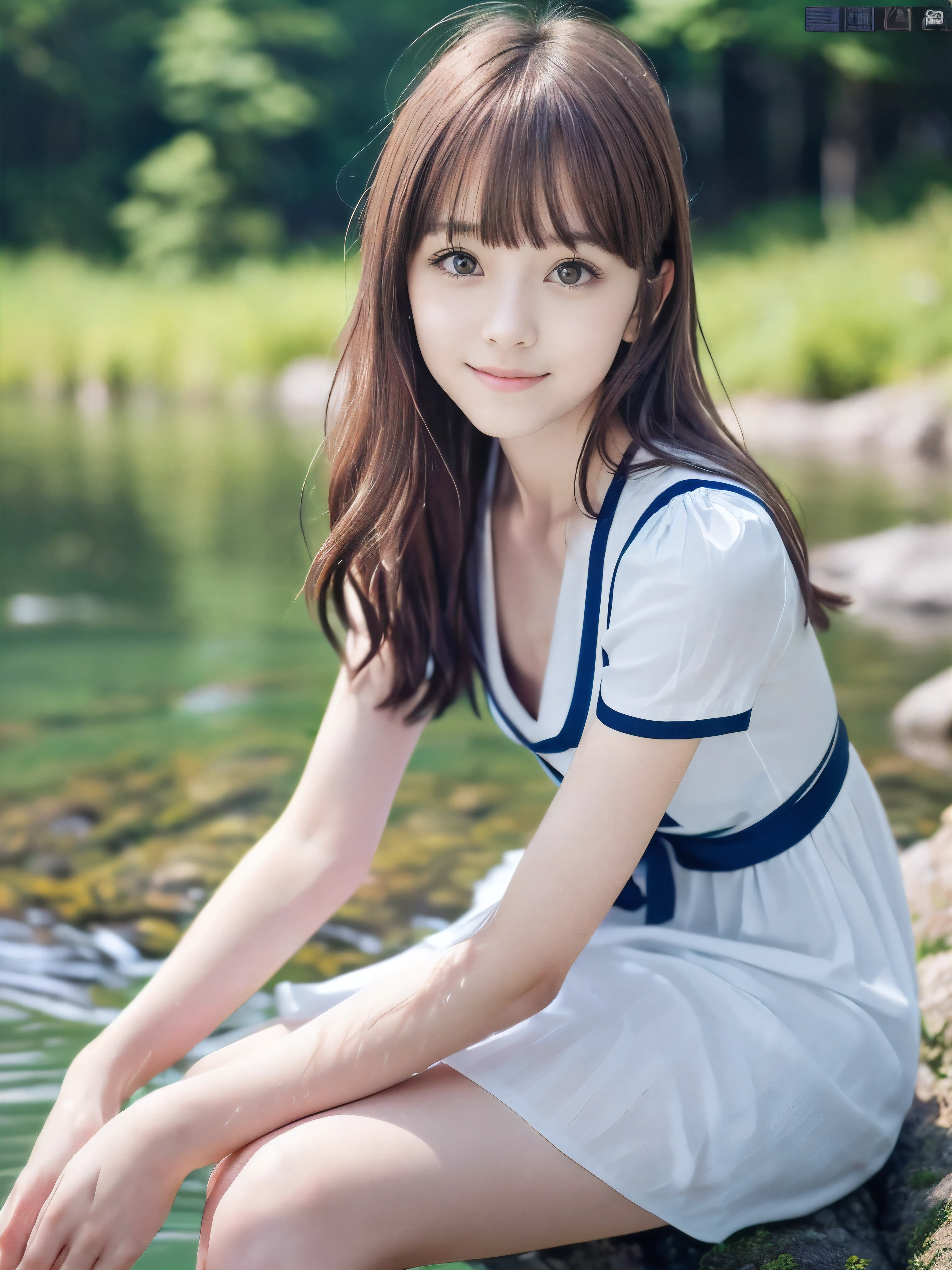 (Close up portrait of slender small-breasted red brown wavy long hair with dull bangs girl wearing a white summer dress:1.5)、(One girl is sitting with shy smile in the clear stream and water fall at the forest in Japan:1.5)、(Summer beautiful blue sky and forest:1.5)、(blurred background:1.5)、(8k ultra detailed master piece:1.5)、(perfect anatomy:1.5)、(Photorealistic stick:1.5)、(Raw photo:1.3)、(highest quality:1.5)、(High resolution:1.3)、(Delicate and beautiful perfect face:1.3)、(Delicate and beautiful eye air skin:1.3)、(Real Human Skin:1.3)、((thin legs))