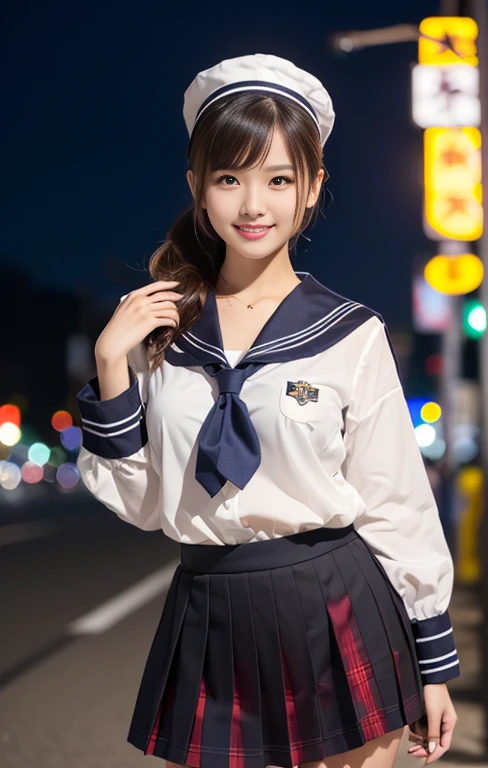 (1 gorgeous Asian women, age 20s, standing with natural pose, at Tokyo Tower, night sky. She's dressed in Japanese JK Uniform, Serafuku, Seifuku, Sailor Uniform, white blouse, sailor-style collar, pleated skirt, Buttons, Red Ribbon, Red Bolo Tie, Striped Necktie, Red Neckerchief, Red Bow, Sailor Hat, Western-style plaid skirt, knee-high socks, beautiful detailed face, beautiful detailed eyes, dimpled smile, kind & friendly smile, short bob hair, ponytail, cute snaggletooth, ample round bosom, Fit & Healthy body proportion, photorealistic, hyper-realism, high contrast, ultra HD, realistic skin textures, top image quality, top-quality, super high resolution, fine details, very meticulously, bokeh background, full_body_shot, vivid colours, masterpiece) #aliceinborderland