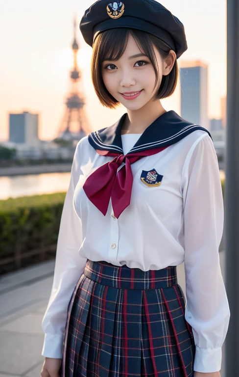 (1 gorgeous Asian women, age 20s, standing with natural pose, at Tokyo Tower, night sky. She's dressed in Japanese JK Uniform, Serafuku, Seifuku, Sailor Uniform, white blouse, sailor-style collar, pleated skirt, Buttons, Red Ribbon, Red Bolo Tie, Striped Necktie, Red Neckerchief, Red Bow, Sailor Hat, Western-style plaid skirt, knee-high socks, beautiful detailed face, beautiful detailed eyes, dimpled smile, kind & friendly smile, short bob hair, ponytail, cute snaggletooth, ample round bosom, Fit & Healthy body proportion, photorealistic, hyper-realism, high contrast, ultra HD, realistic skin textures, top image quality, top-quality, super high resolution, fine details, very meticulously, bokeh background, full_body_shot, vivid colours, masterpiece) #aliceinborderland