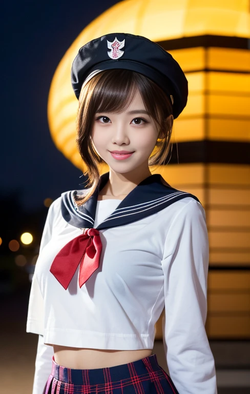 (1 gorgeous Asian women, age 20s, standing with natural pose, at Tokyo Tower, night sky. She's dressed in Japanese JK Uniform, Serafuku, Seifuku, Sailor Uniform, white blouse, sailor-style collar, pleated skirt, Buttons, Red Ribbon, Red Bolo Tie, Striped Necktie, Red Neckerchief, Red Bow, Sailor Hat, Western-style plaid skirt, knee-high socks, beautiful detailed face, beautiful detailed eyes, dimpled smile, kind & friendly smile, short bob hair, ponytail, cute snaggletooth, ample round bosom, Fit & Healthy body proportion, photorealistic, hyper-realism, high contrast, ultra HD, realistic skin textures, top image quality, top-quality, super high resolution, fine details, very meticulously, bokeh background, full_body_shot, vivid colours, masterpiece) #aliceinborderland