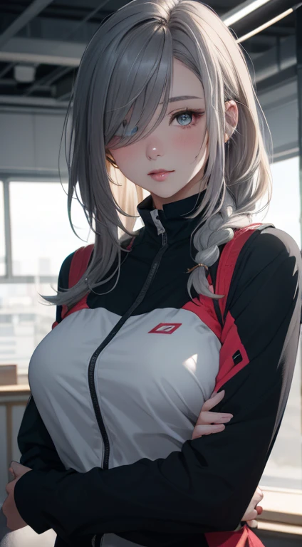 electrician girl, electrician suit, upper body, seductive look, blush, indoors, in office, looking at viewer, cloudy, moody lighting, (perfect detail eyes:1.2), glowing eyes, (long hair one braid:1.2), elemental skill effect, (Masterpiece, Best Quality, High Quality:1.4), professional artwork, Intricate Details, field of view, sharp focus, detailed painting, photorealistic lighting, trending on pixiv, (vivid lighting, vibrant colors:1.05), realistic shadows, ambient occlusion, (athletic body:1.3), mature woman, 30yo, shenhe, hyperdetail eyes, beautiful eyes, (((solo:1.4))), semi-realistic hair, hyperdetailed clothes