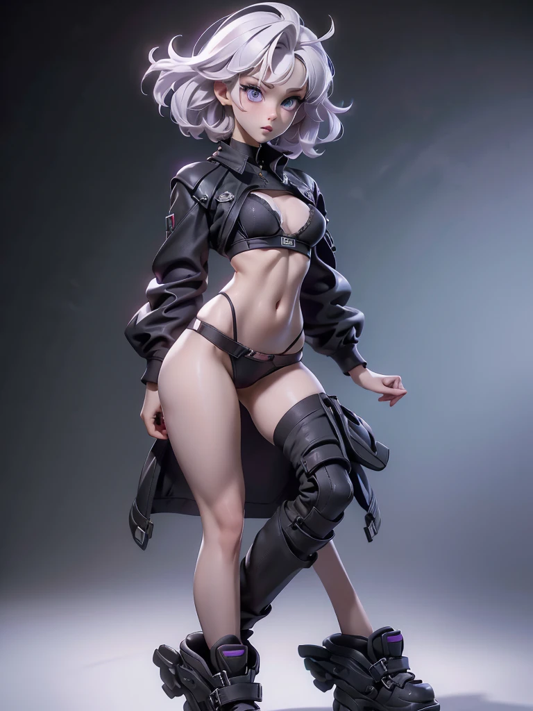 (((Best Quality))), (((Masterpiece))), (((Realistic))) slender, cute girl with short white hair and vibrant purple eyes. She wears a tight black panties and sport bra with high-tech boots