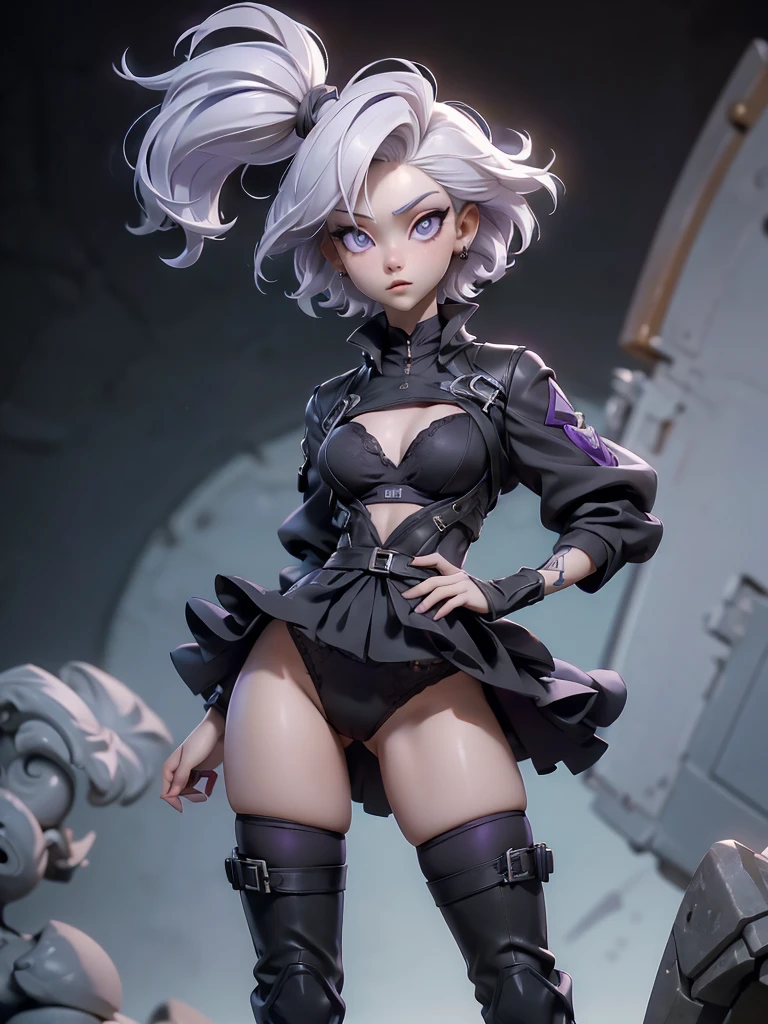 (((Best Quality))), (((Masterpiece))), (((Realistic))) slender, cute girl with short white hair and vibrant purple eyes. She wears a tight black panties and sport bra with high-tech boots