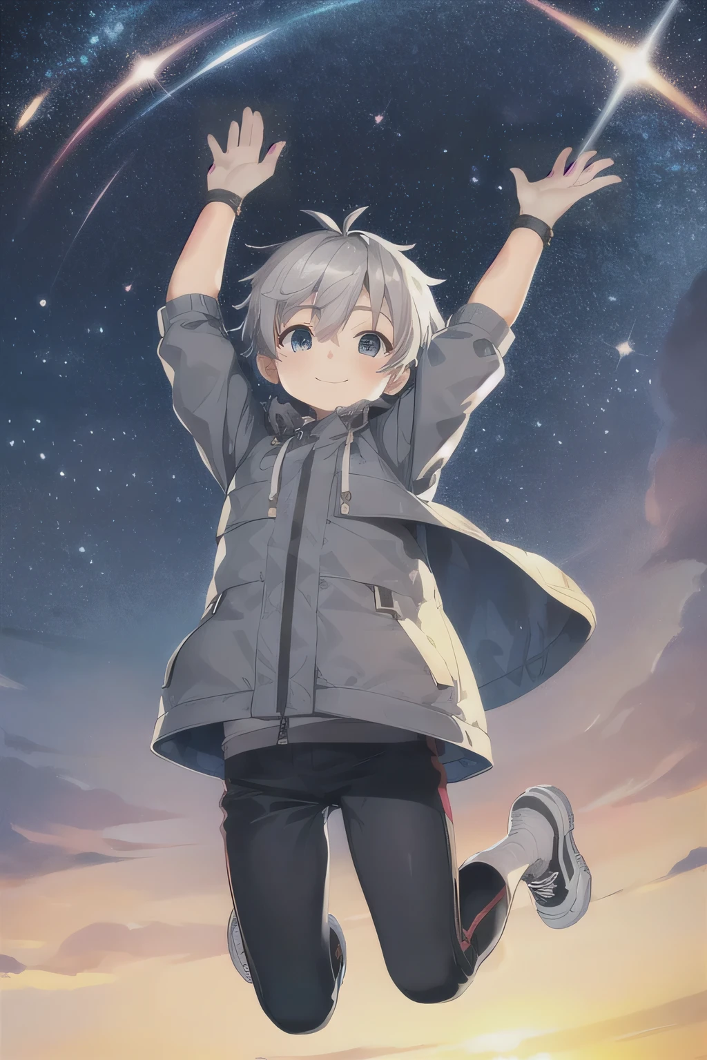 Highest quality, high quality,outdoors,simple background , arms are thin, face,from front,full body,looking up, look at viewer , sparkle(in the eyes) ,arms up, jumping,smile,(()), (1 boy), (grey hair), short hair, Parka ,illustration,anime style,