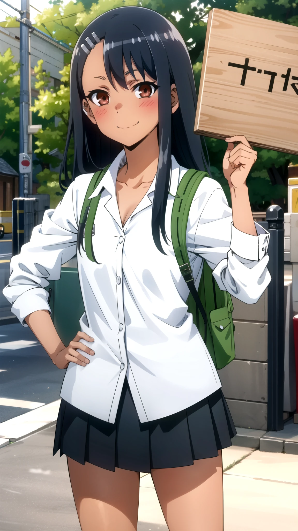 tall body, tall, long legs, mature female, mature, adult, Eft_Nagatoro_Main, nagatoro hayase, 1girl, blush, solo, shirt, black hair, bag, brown eyes, hair ornament, looking at viewer, hairclip, outdoors, backpack, smile, long hair, white shirt, dark-skinned female, dark skin, , bangs, day, skirt, collared shirt, collarbone, earclip, sleeves rolled up, Holding a sign reading "Diego sqanime", closed mouth, tree, asymmetrical bangs, upper body