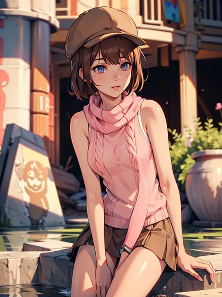 masterpiece, highest quality, (solo focus), (perfect face:1.1), (high detail:1.1), 1girl, brown hair, ((Neapolitan colored outfit)), (pink, cream, and brown clothes), large scarf, sleeveless knit sweater, short skirt, ((pink fiddler cap)), detailed background, wasteland, sitting on water tower, ashes, cinematic lighting,
