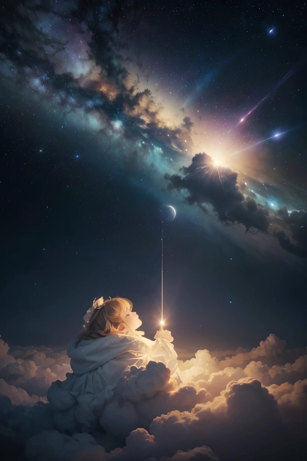 nube are in the sky with a star shining above them, glowing nube, atmospheric fancy sky, dreamy sky, fancy puffy sky, dreamy nube, nube. fancy, baroque painting. starry sky, wlop e RHADS, on cosmic nubecape, dreamy digital painting, space sky, old sky, space nube, dreamy atmosphere, A dream night, arte sonhadora