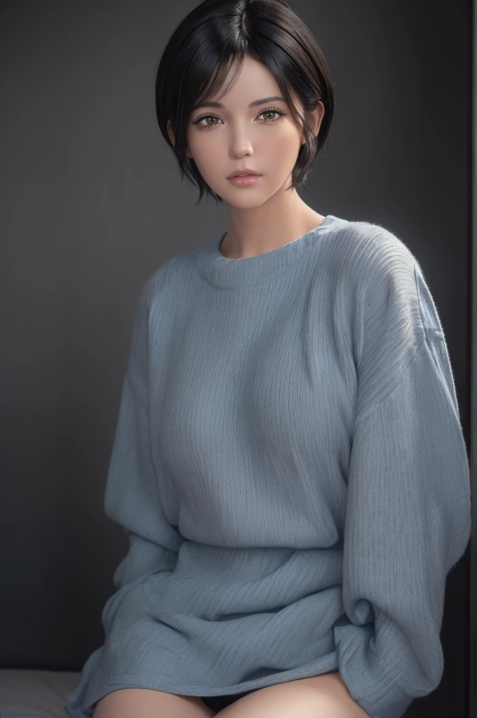 (masterpiece:1.3), (8k, photorealistic, RAW photo, best quality: 1.4), (1girl), beautiful face, (realistic face), (black hair, short hair:1.3), beautiful hairstyle, realistic eyes, beautiful detailed eyes, (realistic skin), beautiful skin, (sweater), absurdres, attractive, ultra high res, ultra realistic, highly detailed, golden ratio